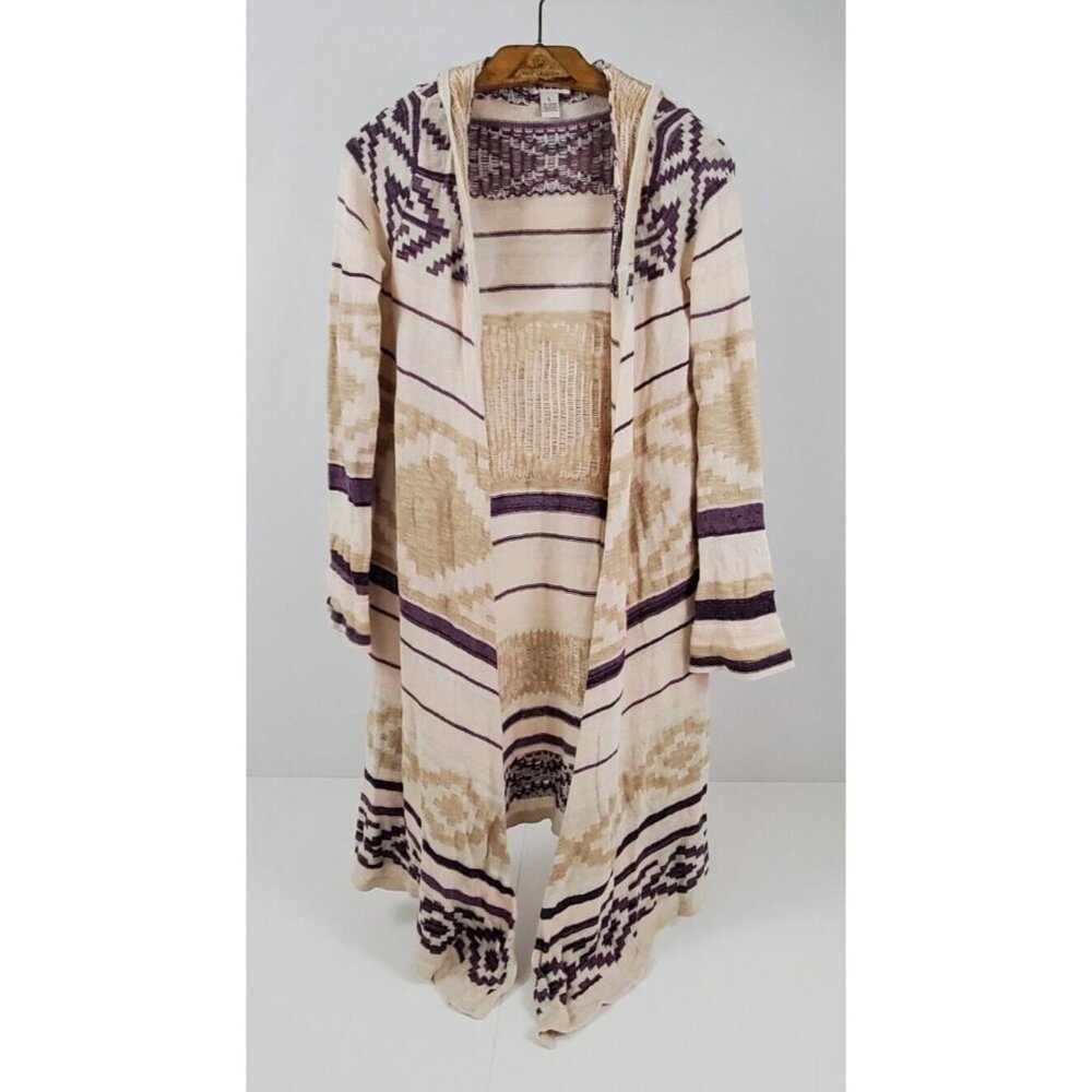 Mudd Women's Large Beige Plum Tan Long Cardigan Duster Hood Sweater Stylish